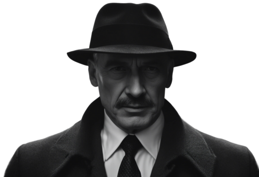Old fashioned detective or mafia in hat on dark background, black and white color  isolated on transparent background