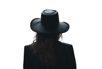 Noir movie back view of gangster girl with red lipstick wearing hat standing under the rain silhouette isolated on transparent background
