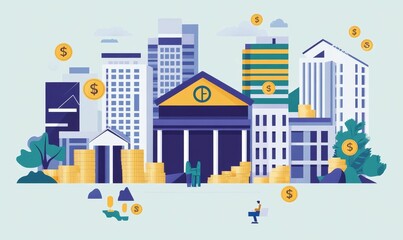 Naklejka premium Cityscape, bank, coins, wealth, prosperity, financial success.