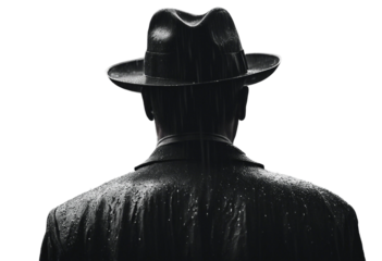 Noir movie back view of 40s gangster wearing hat standing under the rain silhouette isolated on transparent background
