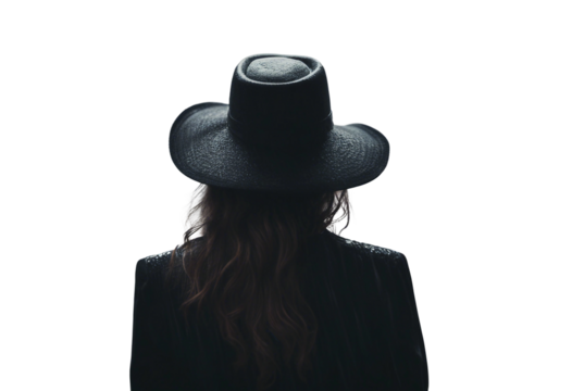 Noir movie back view of gangster girl with red lipstick wearing hat standing under the rain silhouette isolated on transparent background