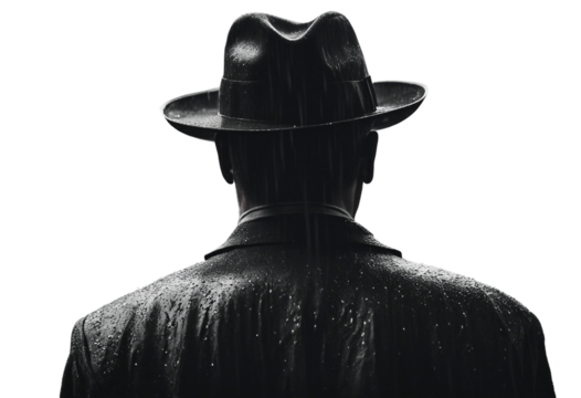 Noir movie back view of 40s gangster wearing hat standing under the rain silhouette isolated on transparent background