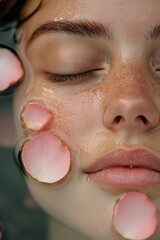 Fototapeta premium Young woman relaxing in water with rose petals floating around her face during a serene spa day
