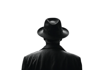 Noir movie back view of 40s detective wearing hat isolated on transparent background