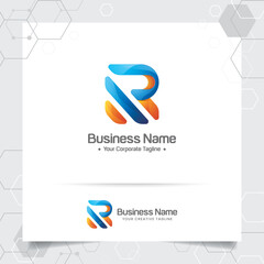 R letter logo digital in modern gradient style. Colorful letter R with glossy color effect.