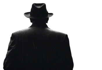 Noir movie back view of 40s detective wearing hat isolated on transparent background back view close up