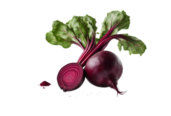 Beetroot One fresh red beet with leaves and a half isolated on transparent background
