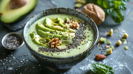 Healthy avocado smoothie bowl with seeds and nuts for a nutritious breakfast