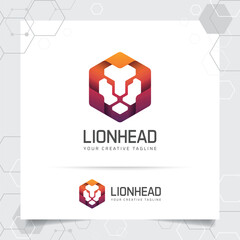 King lion head logo on hexagonal shape with gradient color and modern style.