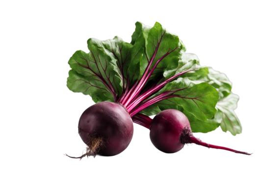 Beetroot two fresh red beets with leaves isolated on transparent background