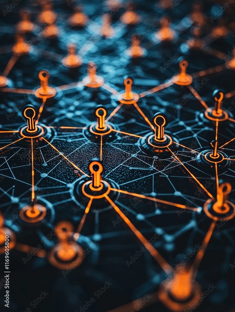 Poster close-up view of a neural network with glowing connections set against a dark background, illustrati