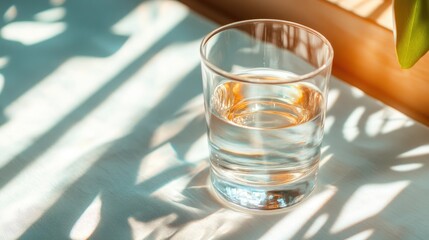 A glass holding clear water reflects light, casting beautiful shadows on the surface, inviting viewers to explore themes of purity and visibility in minimalist design.