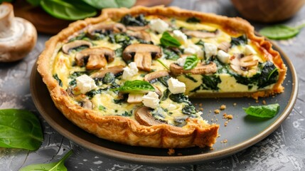 Delicious spinach and mushroom quiche with feta cheese on rustic table