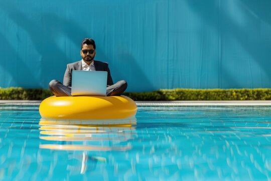 Businessman in a suit sitting on an inflatable ring with laptop in the pool. Generative ai.