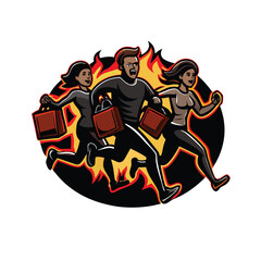 Vector illustration of three excited customers running towards something with shopping bags in hand, surrounded by fire.