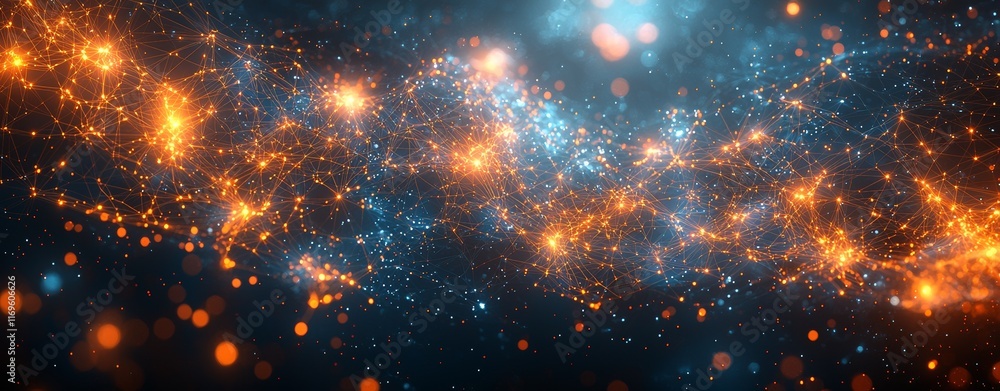 Poster a horizontal composition displaying neon orange and gentle gold plexus links on a dark field