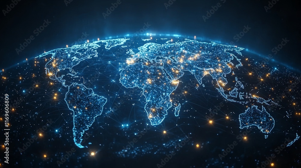 Poster an abstract visualization depicting a world map laid over a globe, interconnected by a web of networ
