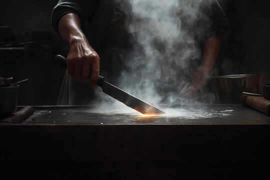 Crafting a blade with precision in a traditional blacksmith shop