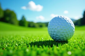 Obraz premium Perfect golf ball on manicured green, azure sky , landscape, field, premium