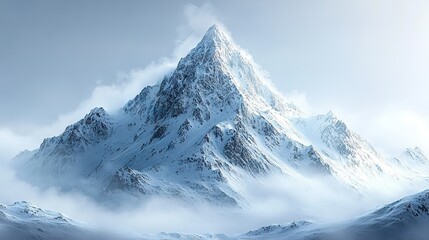 Obraz premium A towering mountain blanketed in snow during a midday haze