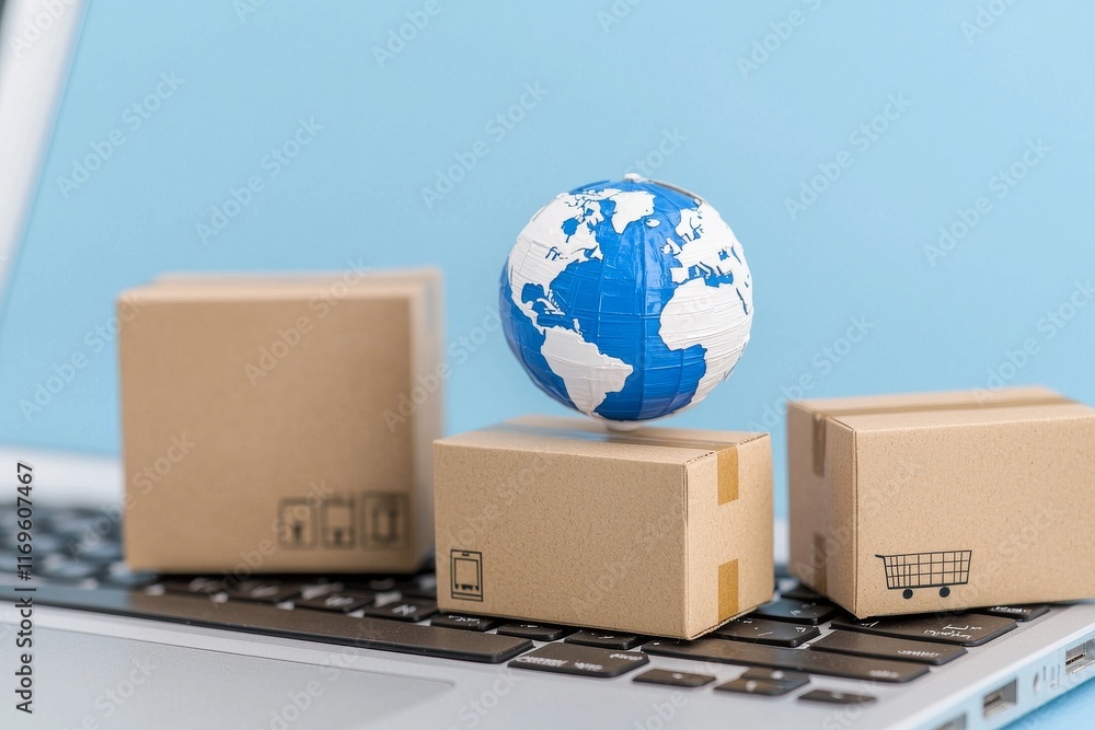Poster a stack of cardboard boxes and a globe on a computer keyboard symbolize e-commerce, online purchases