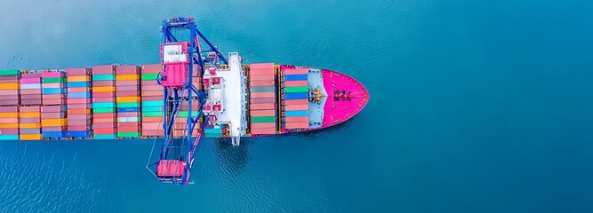 A panoramic aerial view of a sea port featuring a warehouse and a container ship or crane ship handling container shipments, ideal for illustrating transport, import/export, and global logistics
