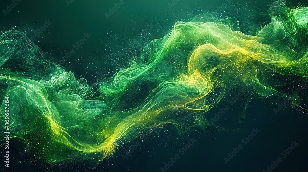 Poster a green and yellow liquid flow on a blue background with space for text optimization