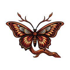 A vector illustration of a detailed butterfly perched on a tree branch.