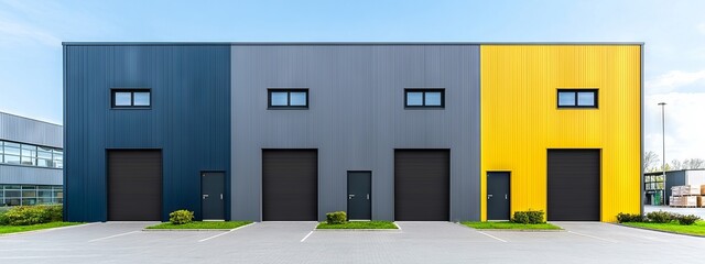 A pristine logistics center, main office, or big office building showcased under a bright blue sky. This stock image has no connection to real organizations.