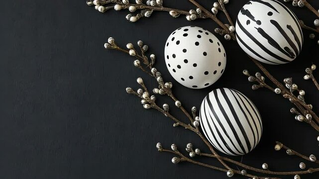 Monochrome easter eggs with pussy willow branches on dark background celebrating minimalist aesthetic