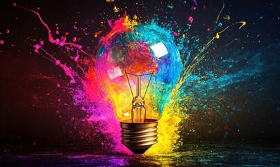 Bright lightbulb explodes vibrant multicolored paint.