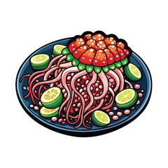 Vector illustration of a colorful platter of cold marinated jellyfish.