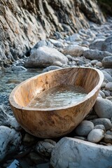 Fototapeta premium Wooden bowl filled with water set among smooth stones by a rocky riverbank in a serene natural setting