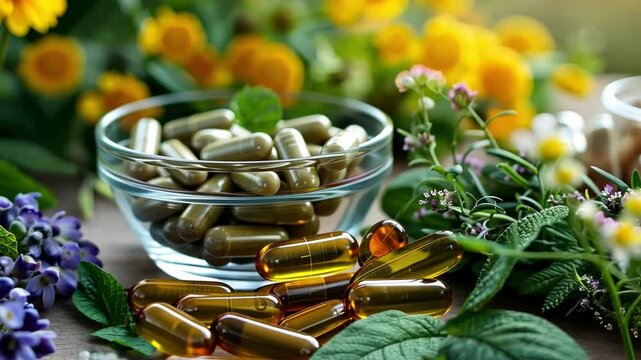 A variety of nutraceutical capsules are arranged in a clear bowl, complemented by vibrant herbs and blooming flowers.