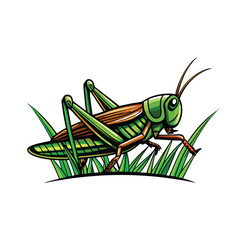 A green grasshopper sitting on a blade of grass, vector illustration.