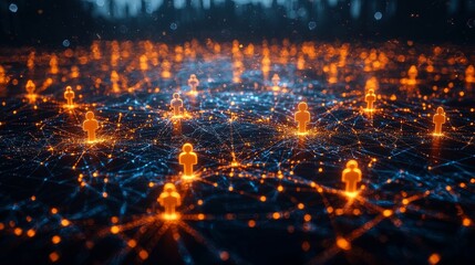 A web of linked blocks adorned with shimmering icons that stand for people, illustrating the extensive global reach and community-driven character of social media networks