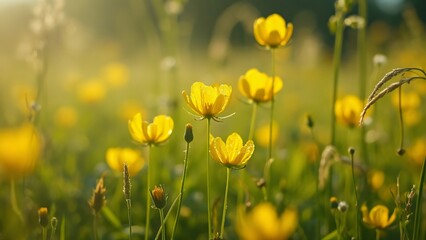 Obraz premium Vibrant Yellow Buttercup Meadow in Sunlight