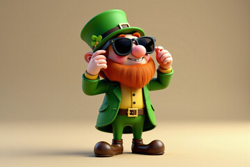 A leprechaun adjusts his sunglasses, smiling confidently while wearing a traditional green outfit with gold accents and a shamrock on his hat. 3D illustration, St.Patrick's day