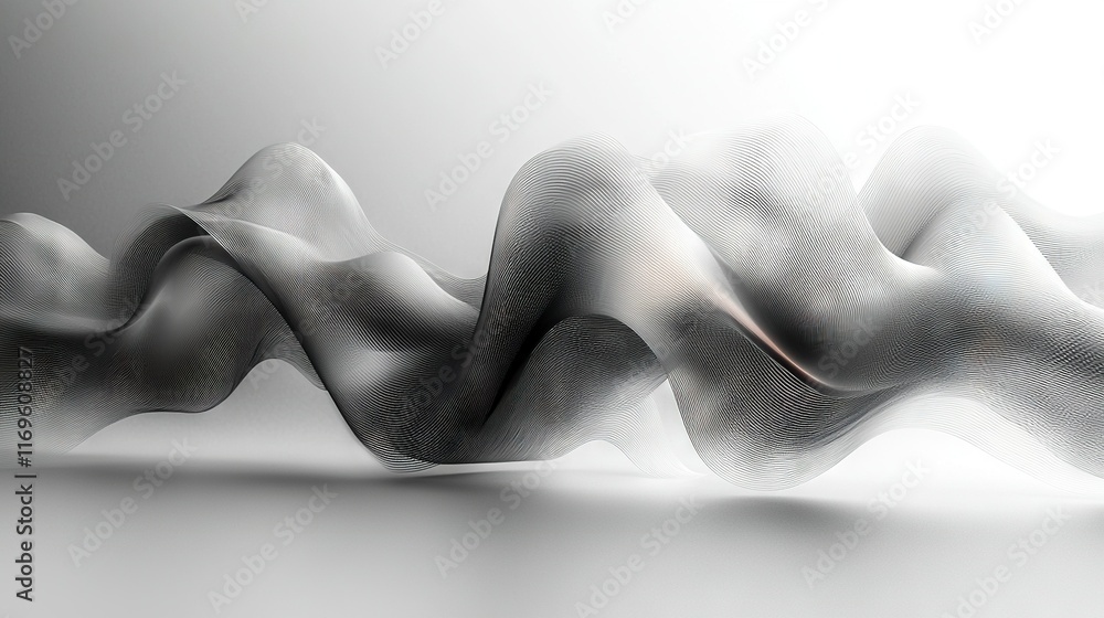 Poster black and white photo of white material waves on white background with space for text or image optim