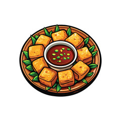 Vector illustration of a plate of crispy fried tofu with a dipping sauce.
