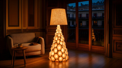 Illuminated floor lamp in living room.