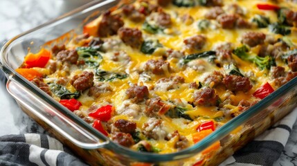 Delicious baked casserole with sausage, cheese, spinach, and red peppers in glass dish