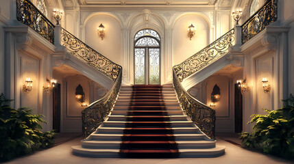 Fototapeta premium Luxurious grand entrance with ornate staircase and italianate architecture. Wroughtiron. Illustration
