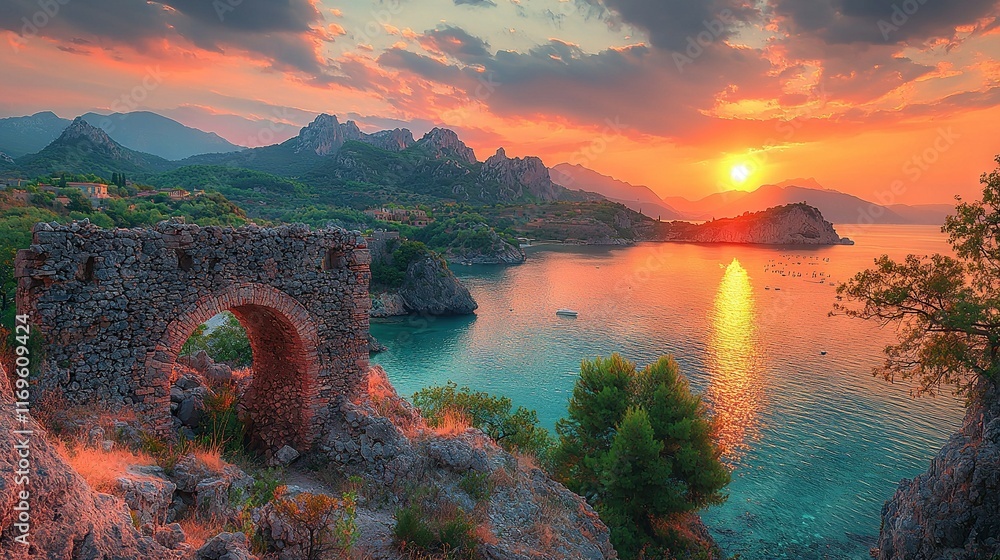 Poster sunset view over a waterway with a stone bridge in the foreground and distant mountain range in the 