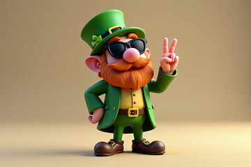 A cheerful leprechaun in a green suit and hat, wearing sunglasses and flashing a peace sign. Playful and whimsical character design. 3D illustration, St.Patrick's day