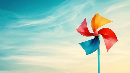 Fototapeta premium A red, yellow, and blue wind spins against a blue sky with wispy clouds