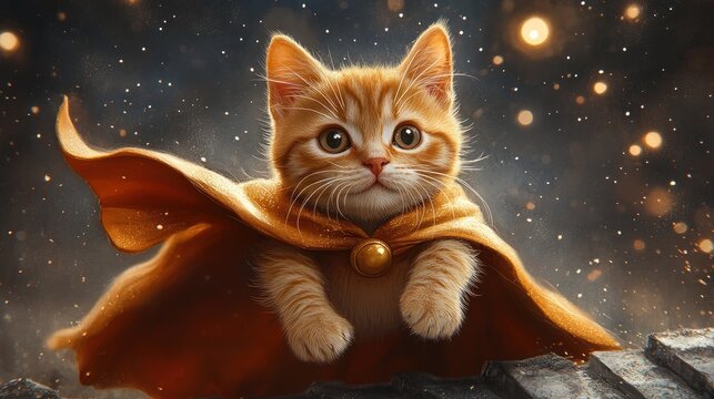 A whimsical kitten in a cape, evoking a magical and adventurous atmosphere.