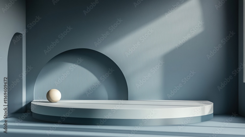 Poster minimalist interior with a circular platform and a sphere in soft light