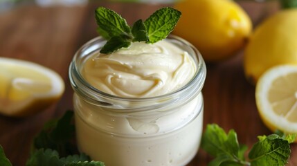 Fresh lemon mayonnaise in glass jar with mint decoration for culinary inspiration and recipe ideas