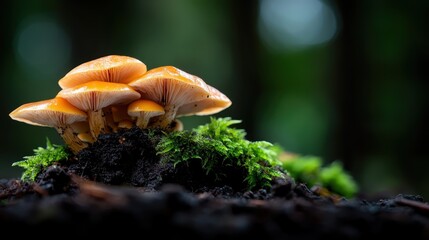 An enchanting display of clusters of vibrant orange mushrooms nestled among lush green moss in a tranquil forest, showcasing the rich diversity of nature.